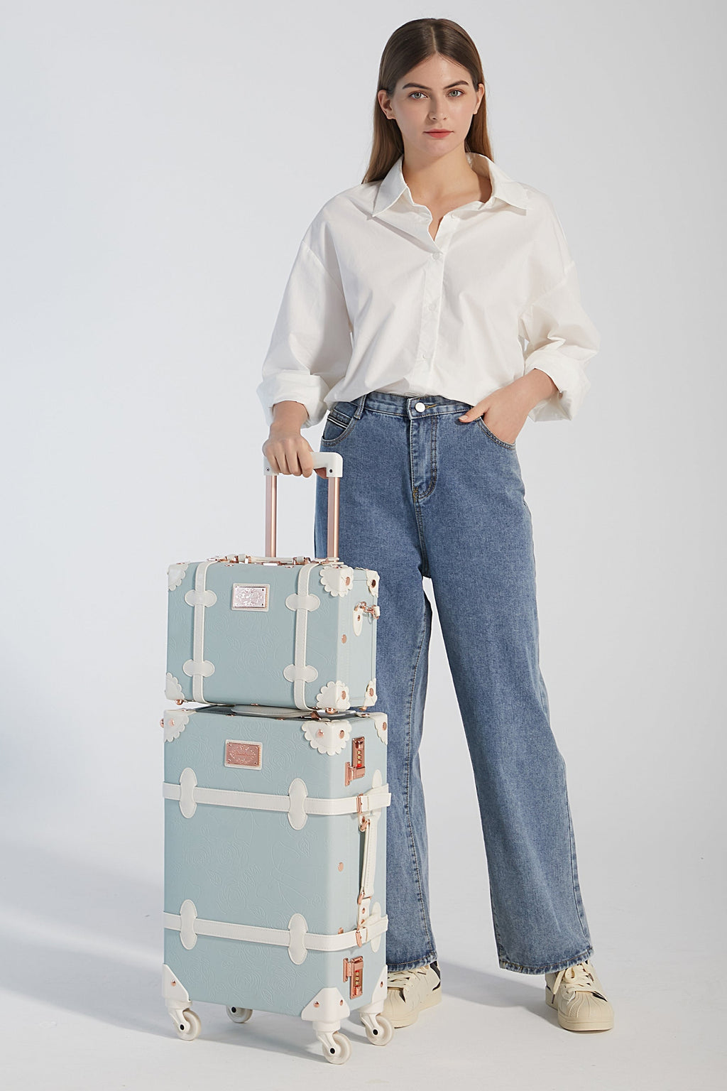 SarahFace 3 Pieces Luggage Sets - Embossed Blue's
