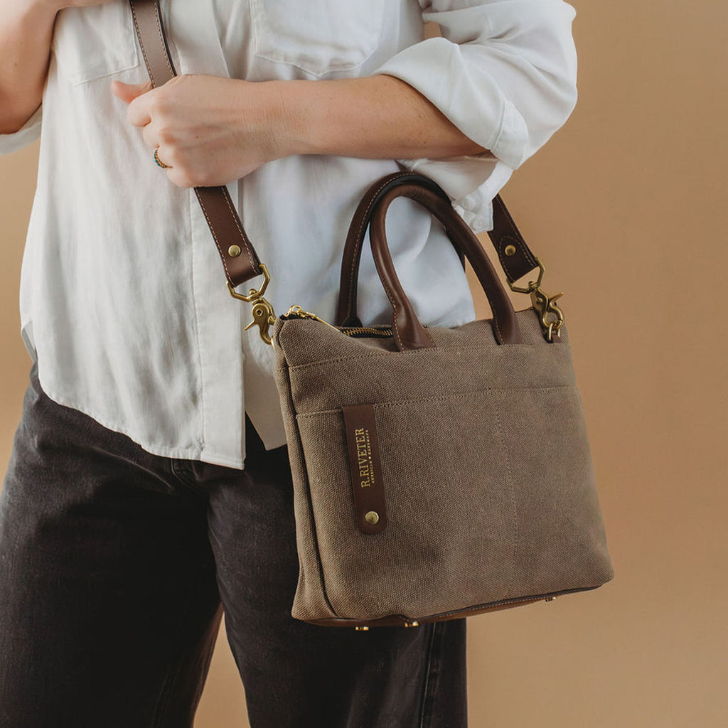 R. Riveter Dot small tote in fatigue washed canvas with brown leather, view 2