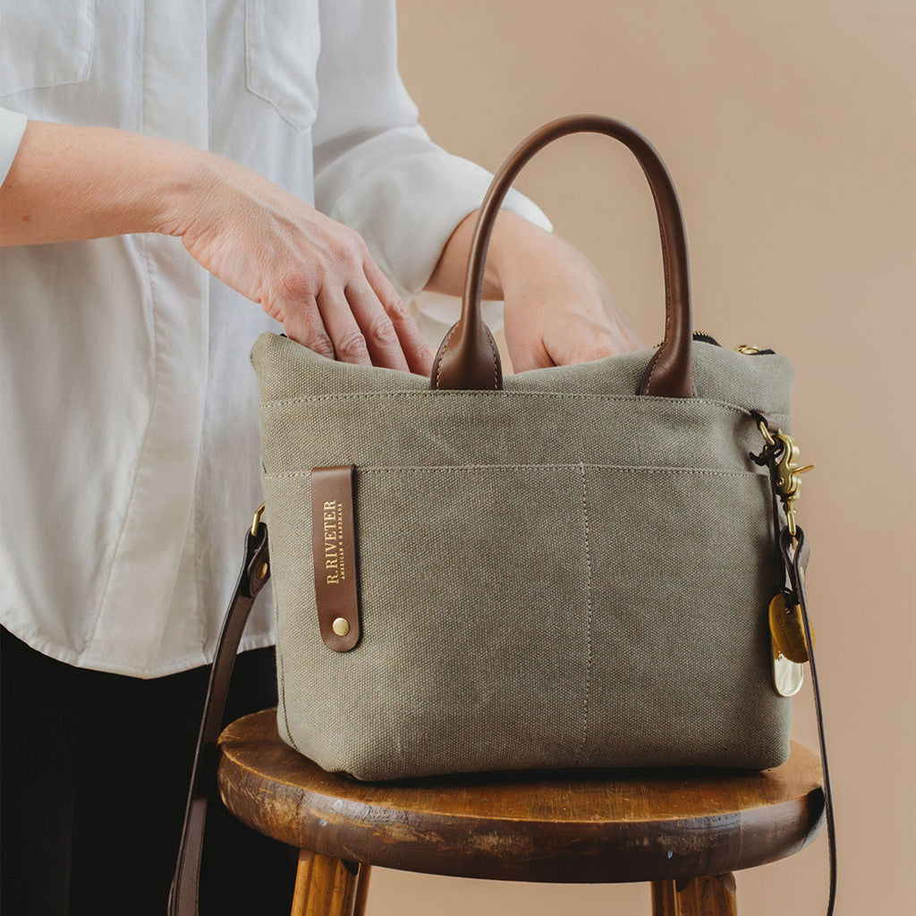 R. Riveter Dot small tote in fatigue washed canvas with brown leather, view 7