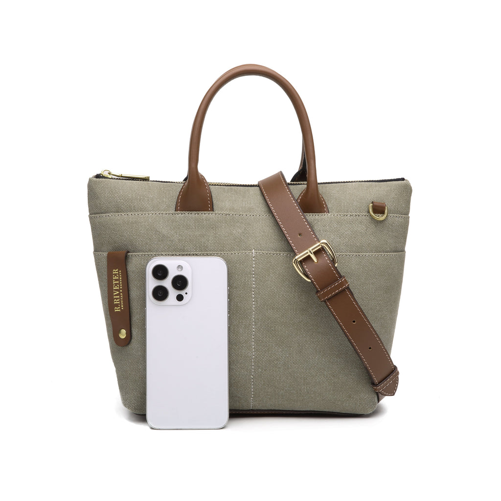 R. Riveter Dot small tote in fatigue washed canvas with brown leather, view 4