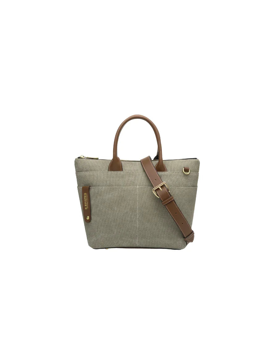 R. Riveter Dot small tote in fatigue washed canvas with brown leather, view 11