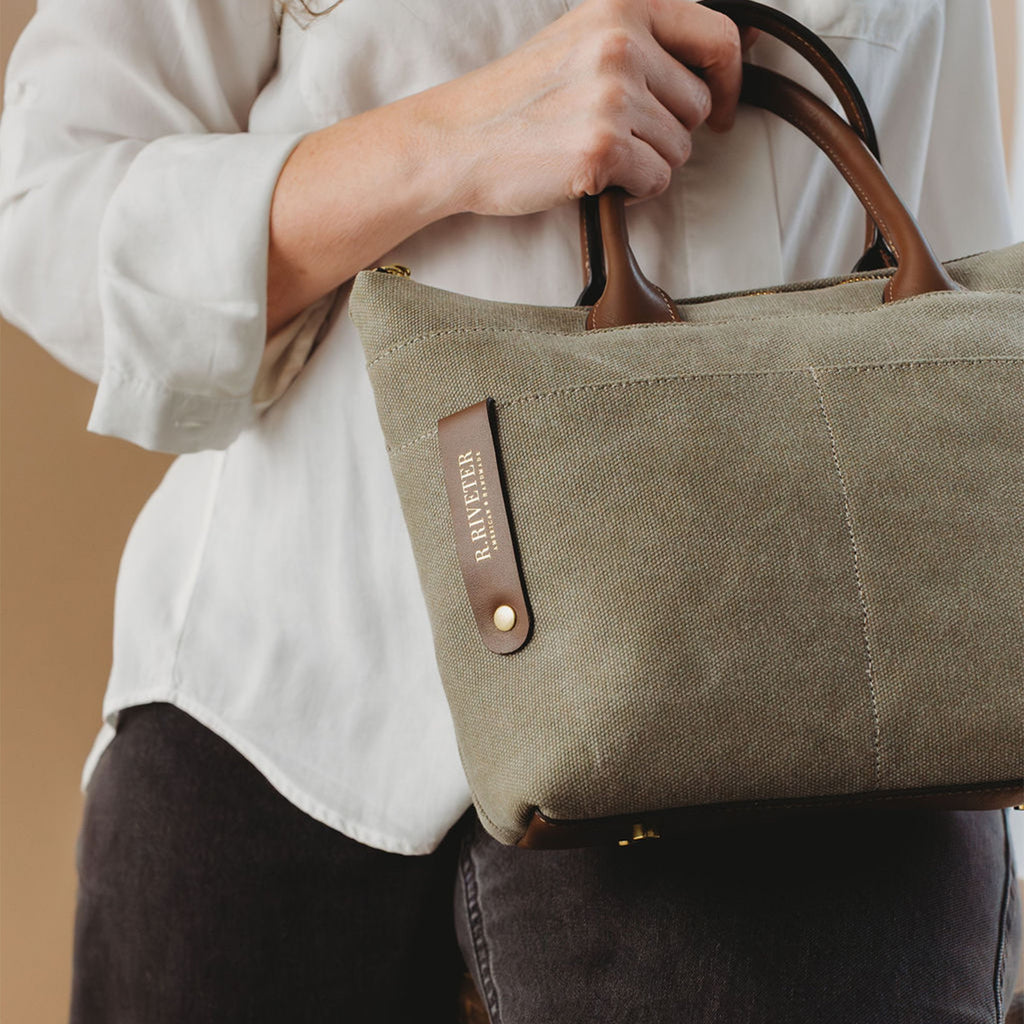R. Riveter Dot small tote in fatigue washed canvas with brown leather, view 6
