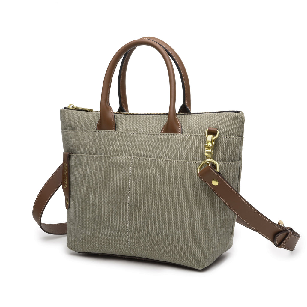 R. Riveter Dot small tote in fatigue washed canvas with brown leather, view 5