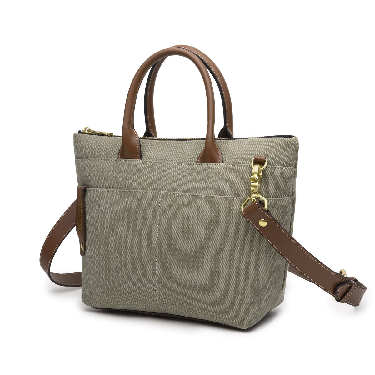 R. Riveter Dot small tote in fatigue washed canvas with brown leather, view 5
