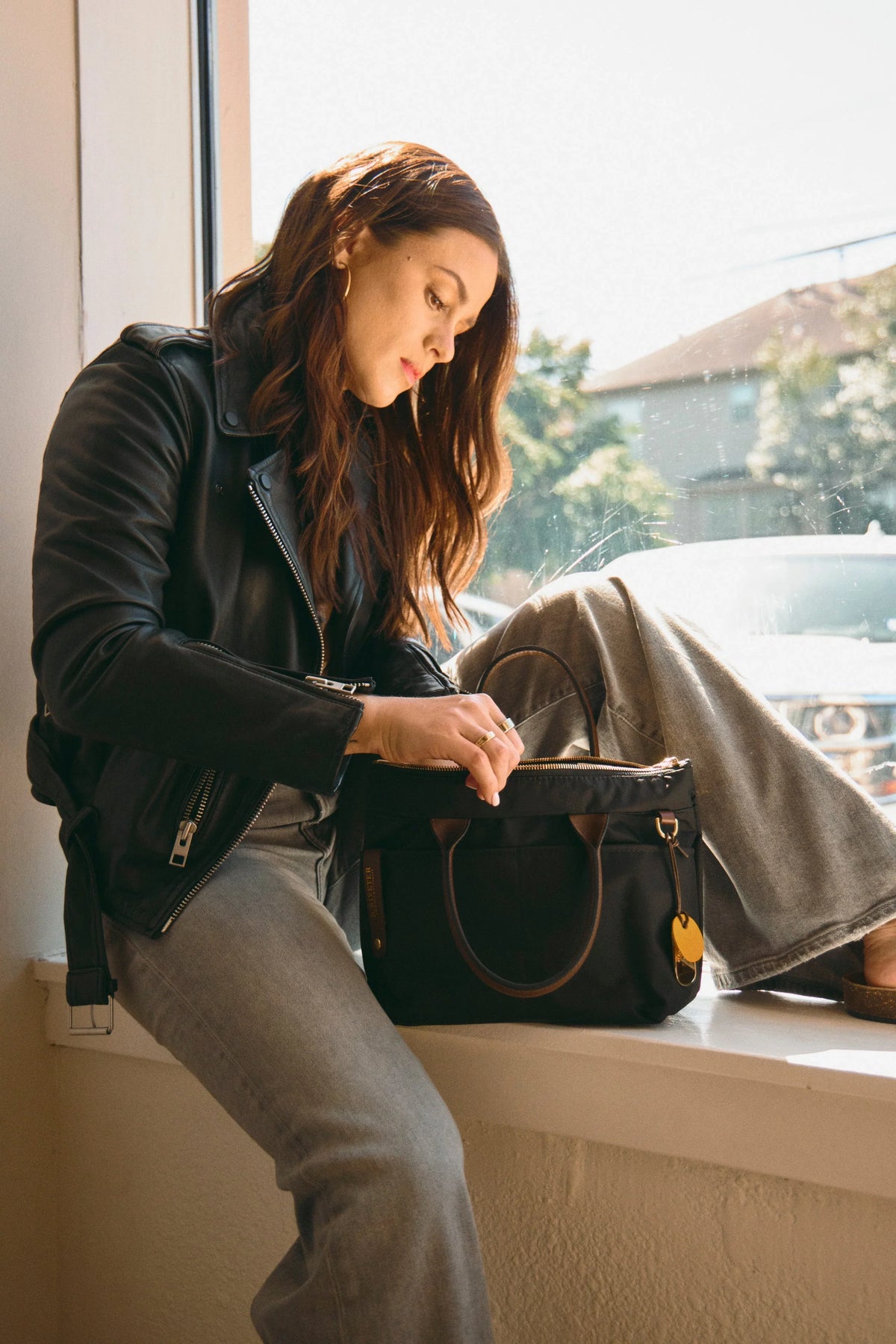Dot Tote | Black Nylon + Brown Leather