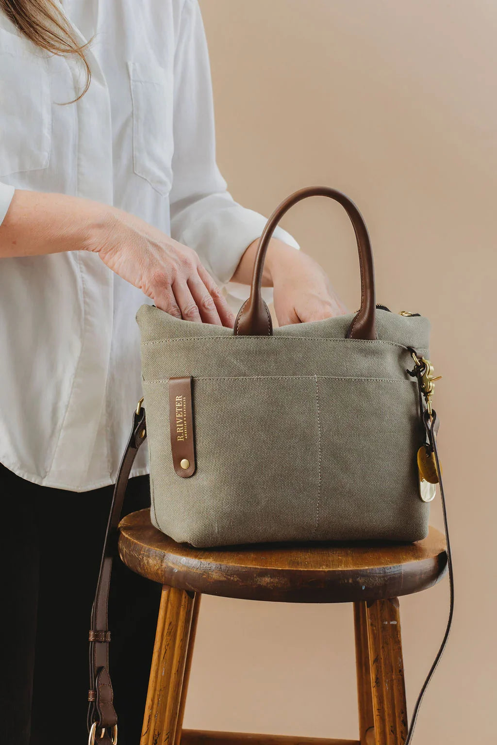 R. Riveter Dot small tote in fatigue washed canvas with brown leather, view 12