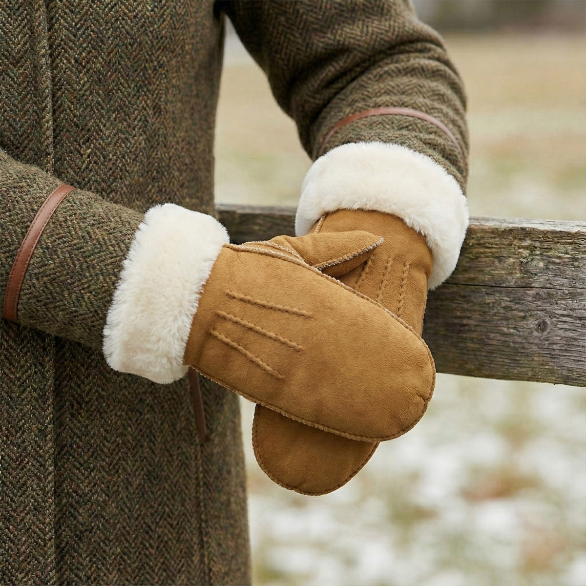 Brooke (camel) – Suede mittens with luxurious sheep fur lining