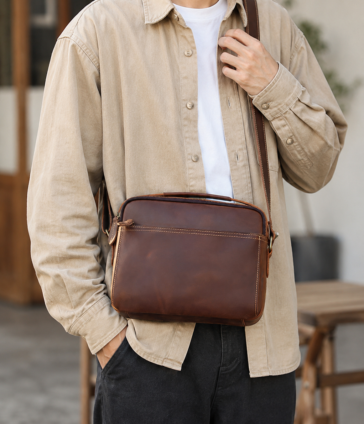 Crazy Horse Leather Commuter Crossbody Bag