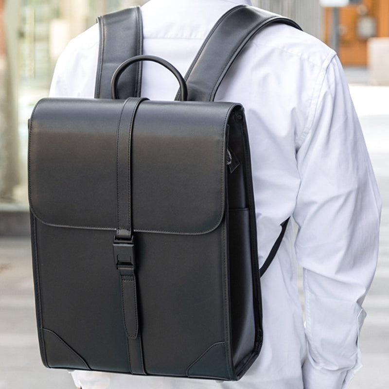 14" Black Leather Business Backpack