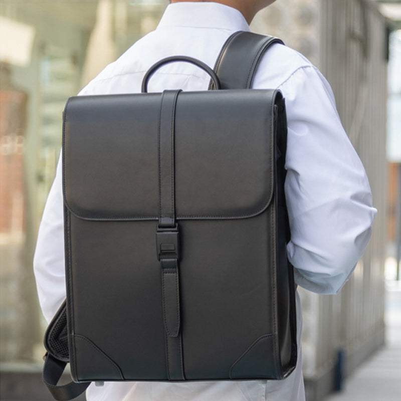 14" Black Leather Business Backpack