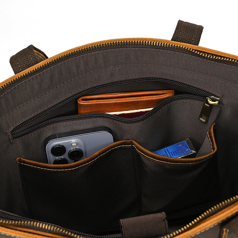 Leather Office Tote with Outside Pocket