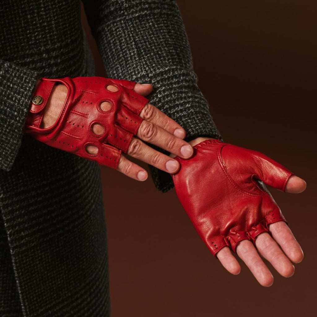 Giuseppe (red) - Italian lambskin fingerless leather driving gloves