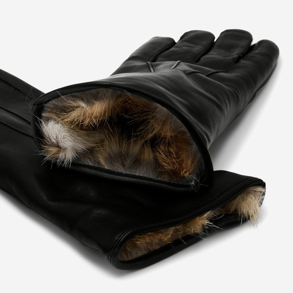 Luciana (black) - Extended women’s Italian lambskin leather gloves with rabbit fur lining