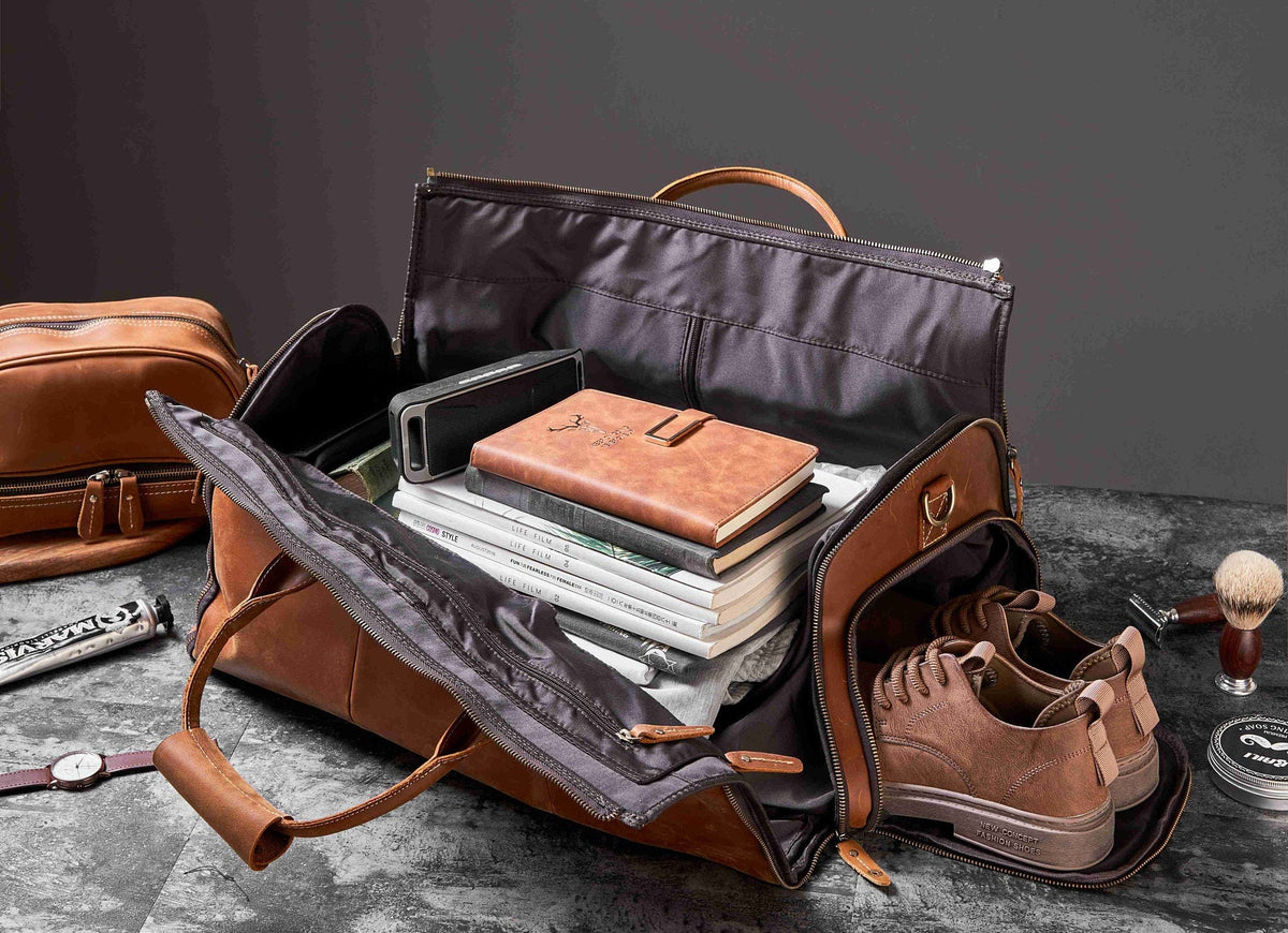 Personalized Leather Garment Duffel with Shoe Pouch