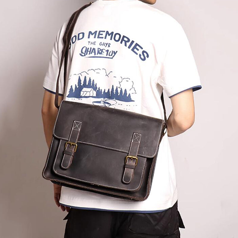 Distressed Leather Messenger Briefcase