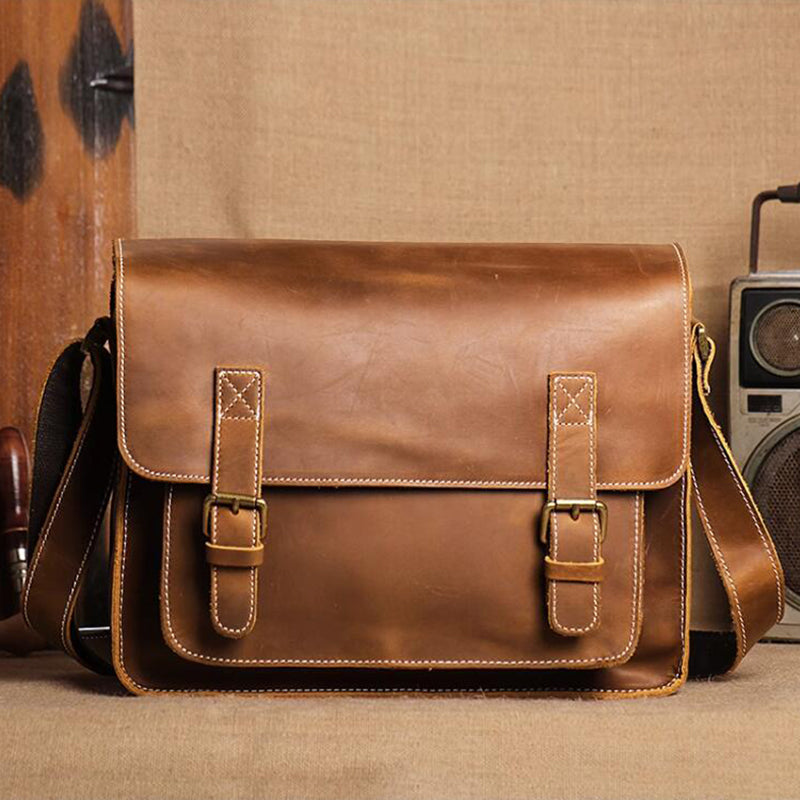 Distressed Leather Messenger Briefcase