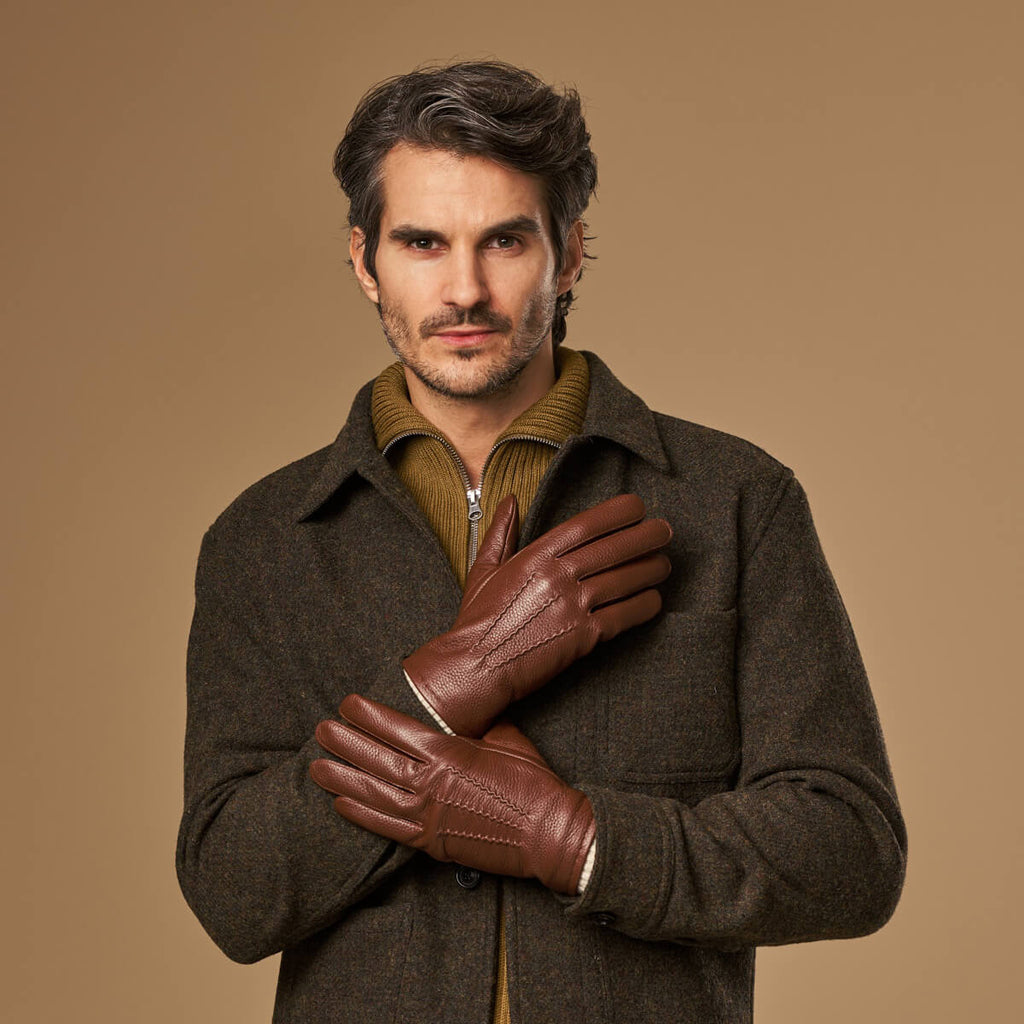 Noah (brown) – Luxurious deerskin leather gloves with warm wool lining