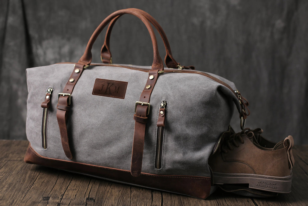 Personalized Waxed Canvas Weekender with Shoe Compartment