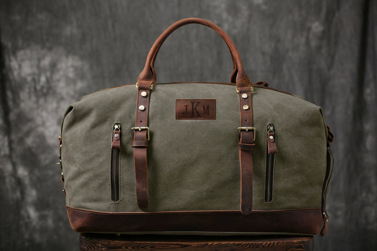 Personalized Waxed Canvas Weekender with Shoe Compartment