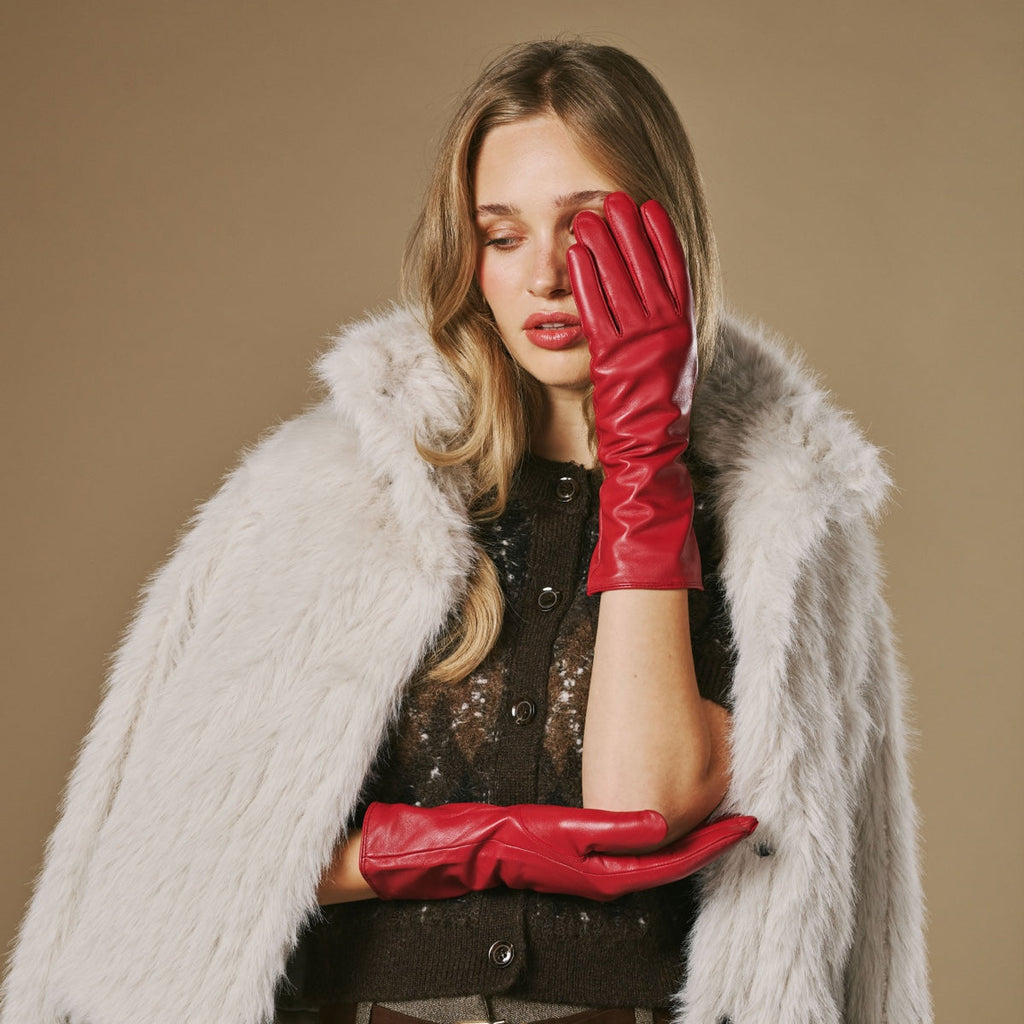 Skylar (red) – Extra-long sheepskin leather gloves with wool/cashmere lining & touchscreen capability