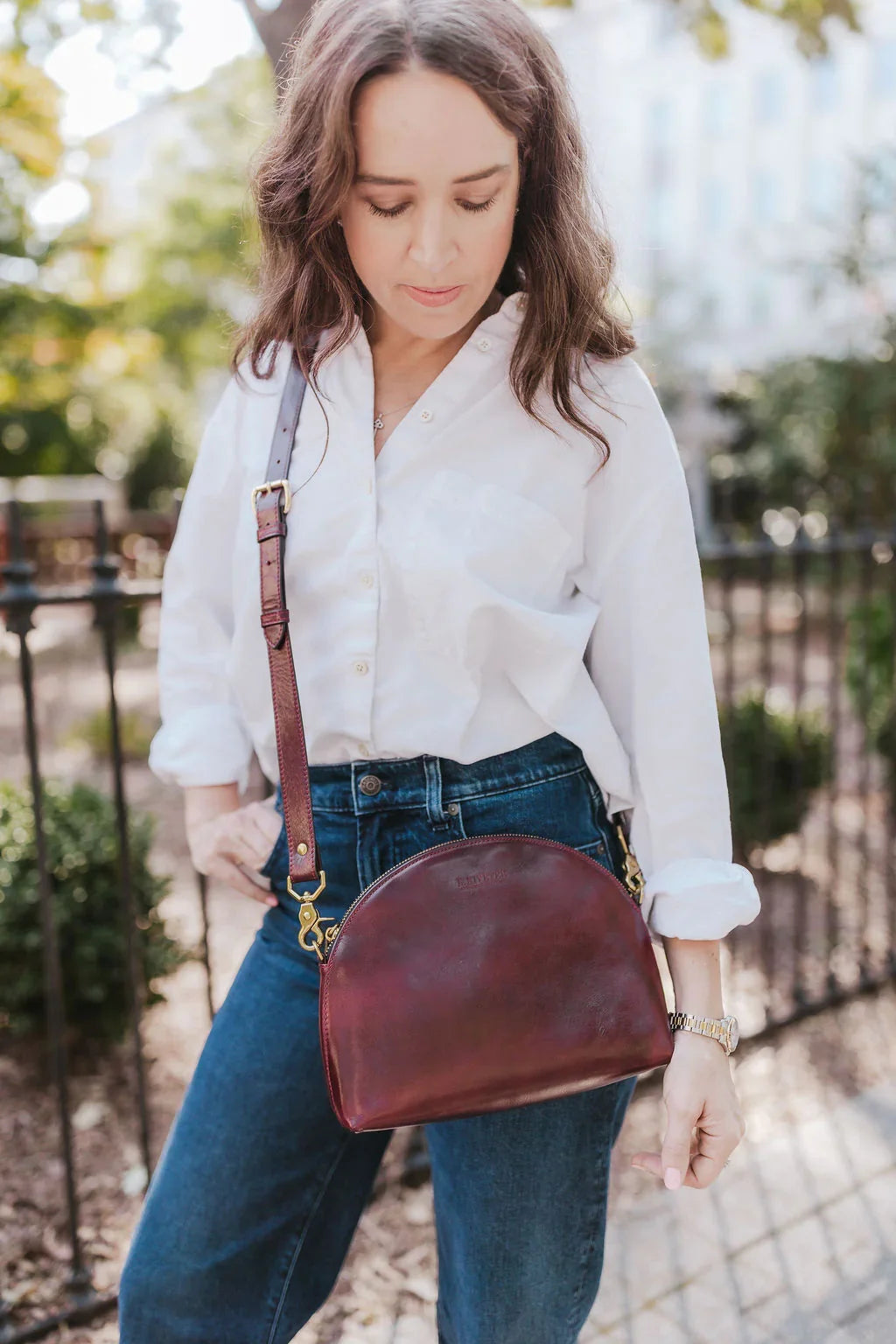 R. Riveter Hopper crossbody bag in cherry leather, view 12