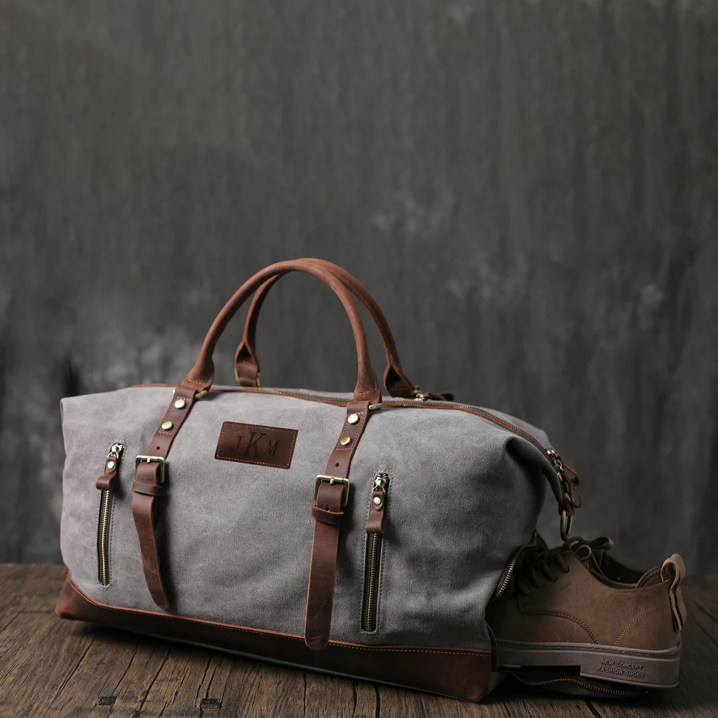 Personalized Waxed Canvas Weekender with Shoe Compartment