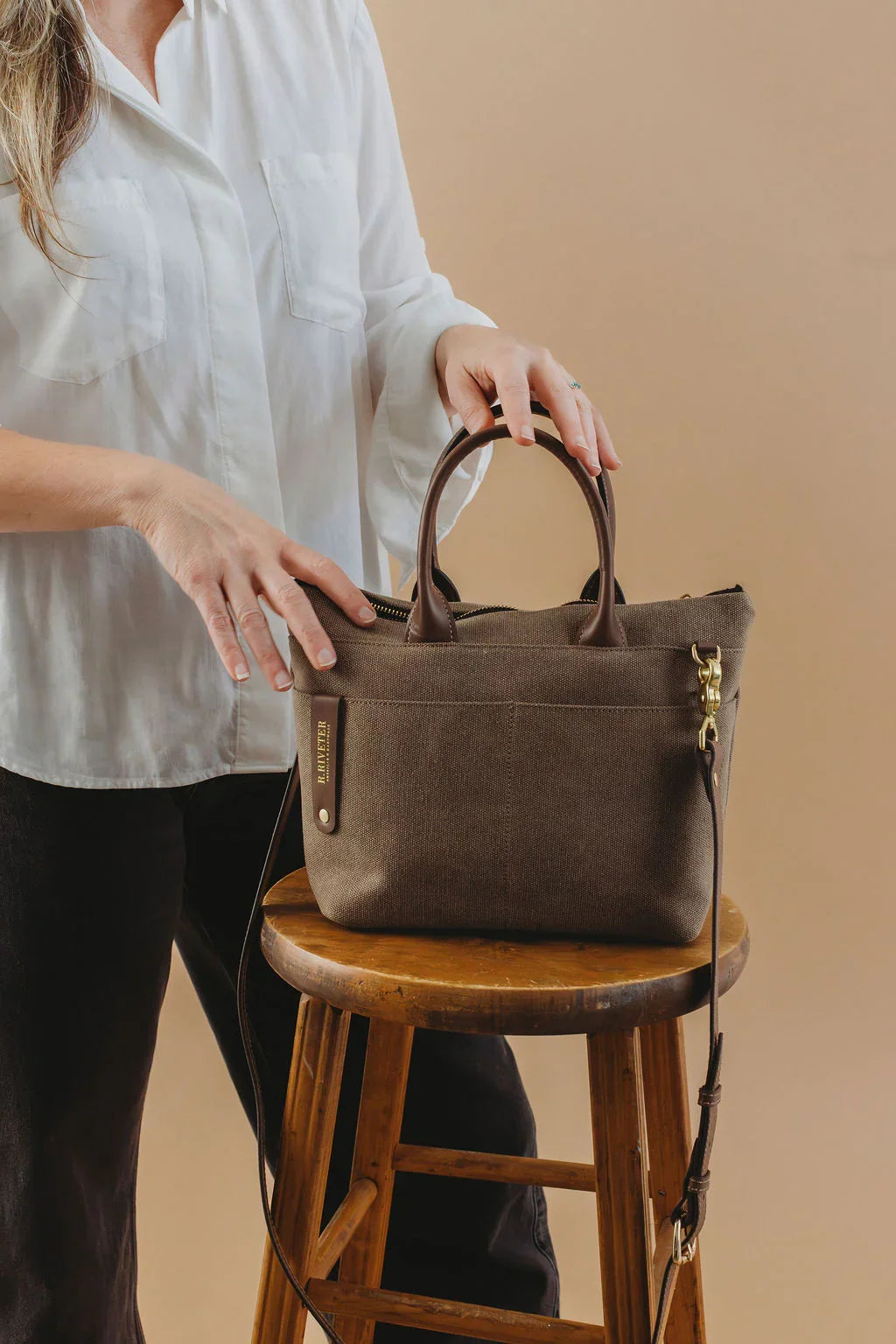 Dot | Small Tote | Chocolate Washed Canvas + Brown Leather