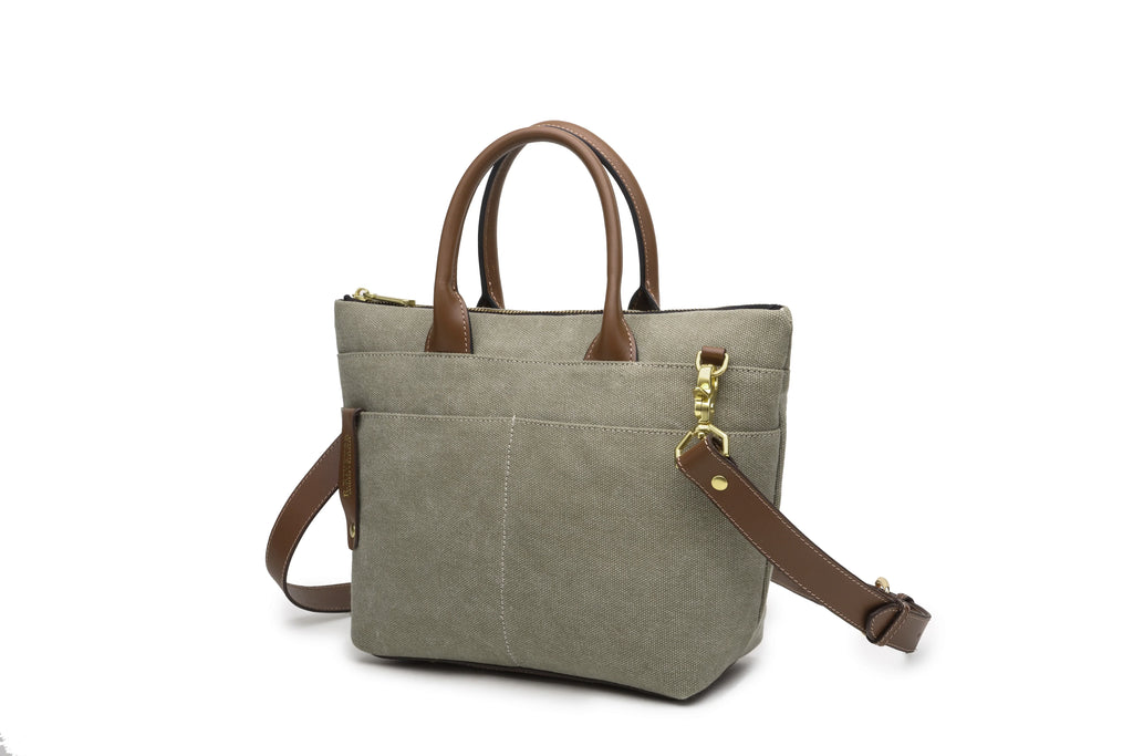 R. Riveter Dot small tote in fatigue washed canvas with brown leather, view 9