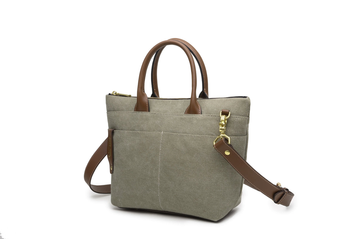 R. Riveter Dot small tote in fatigue washed canvas with brown leather, view 9