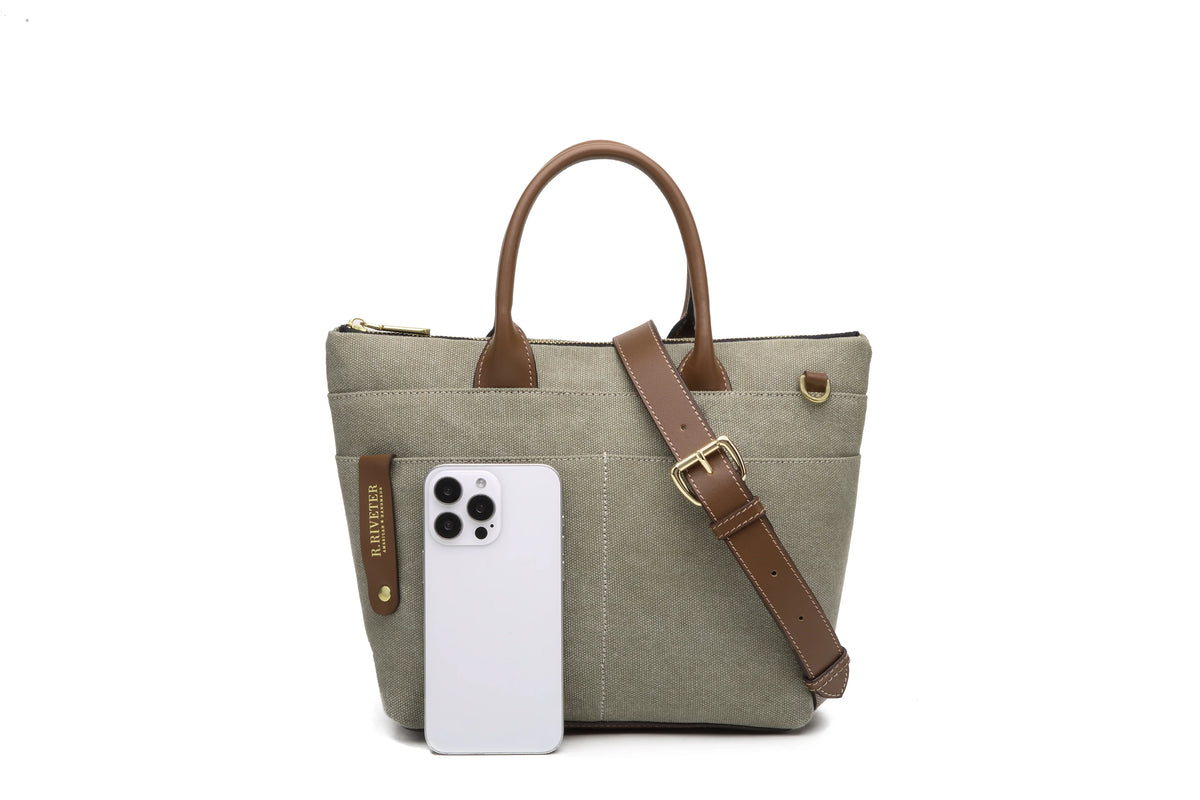 R. Riveter Dot small tote in fatigue washed canvas with brown leather, view 8