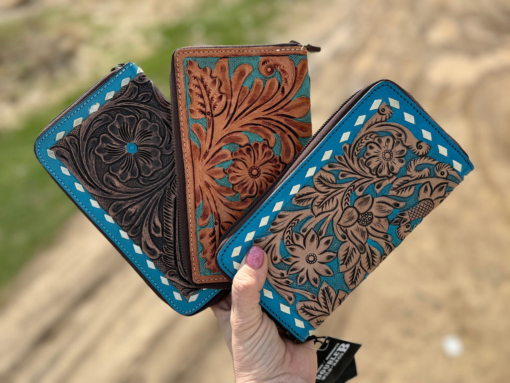 Western wallet zipper closure tooled floral leather turquoise details by Double B Wild Rags