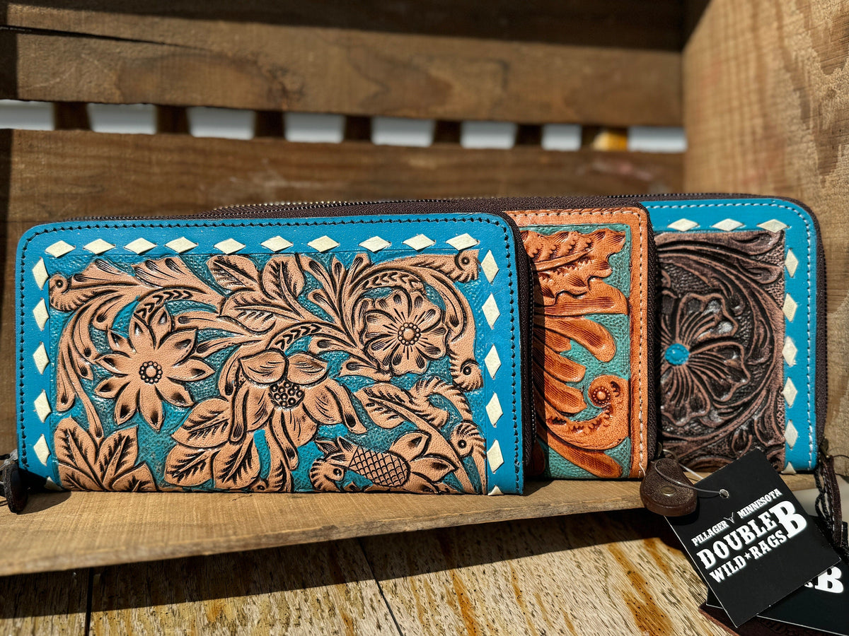Western wallet zipper closure tooled floral leather turquoise details by Double B Wild Rags