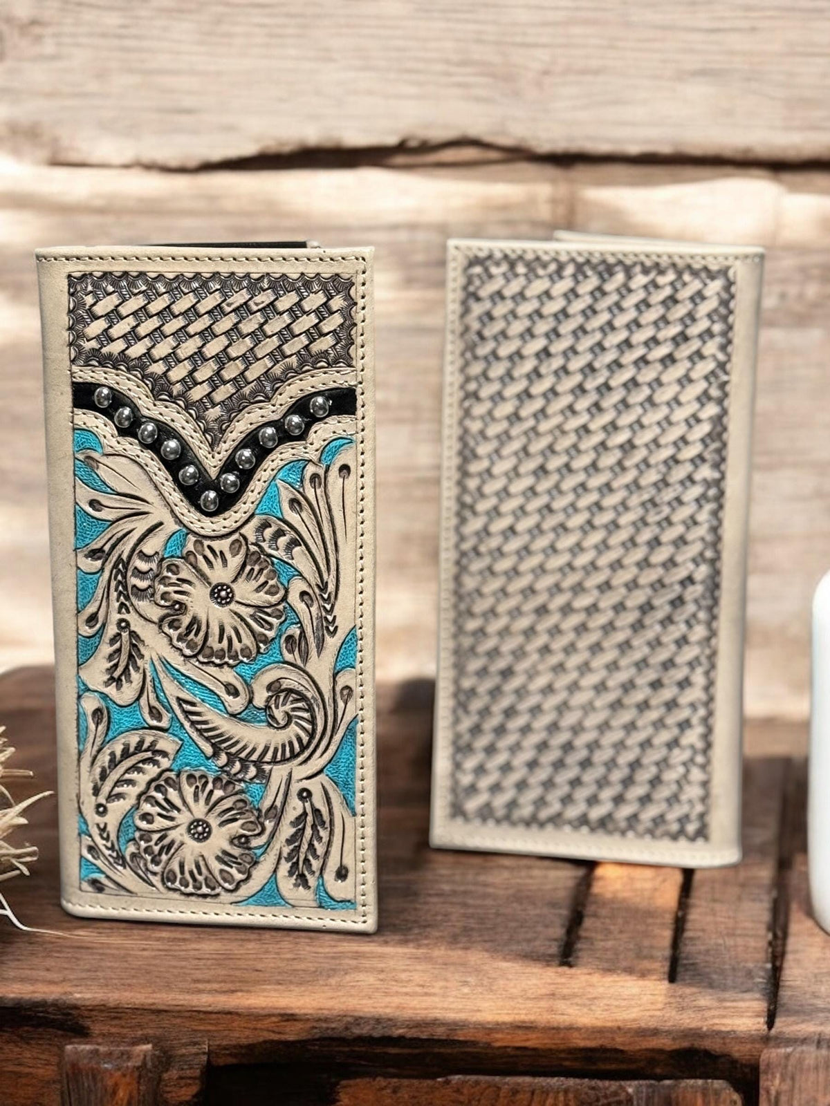 Western Cowboy Checkbook wallet tooled leather with rivet details by Double B Wild Rags