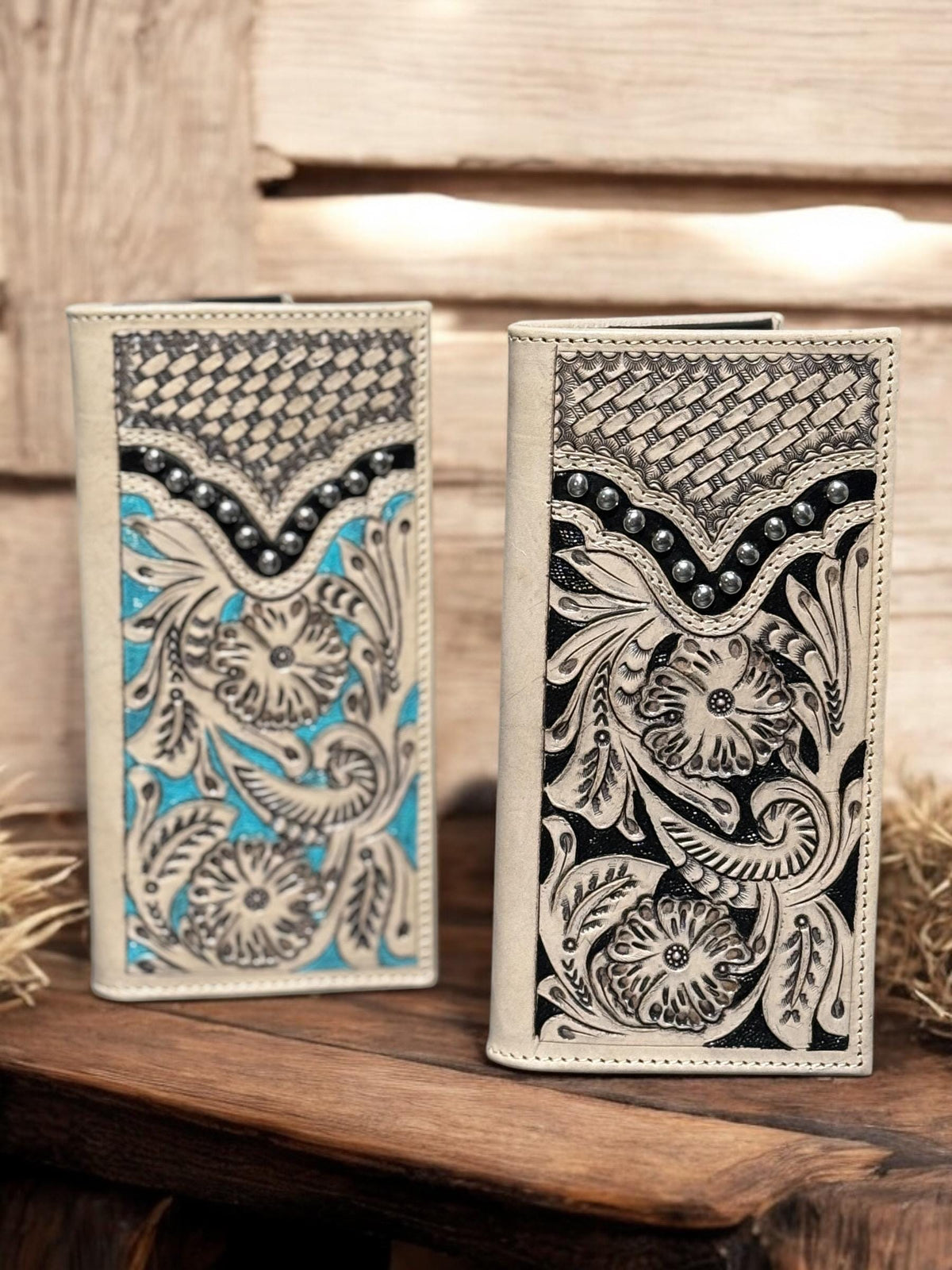 Western Cowboy Checkbook wallet tooled leather with rivet details by Double B Wild Rags