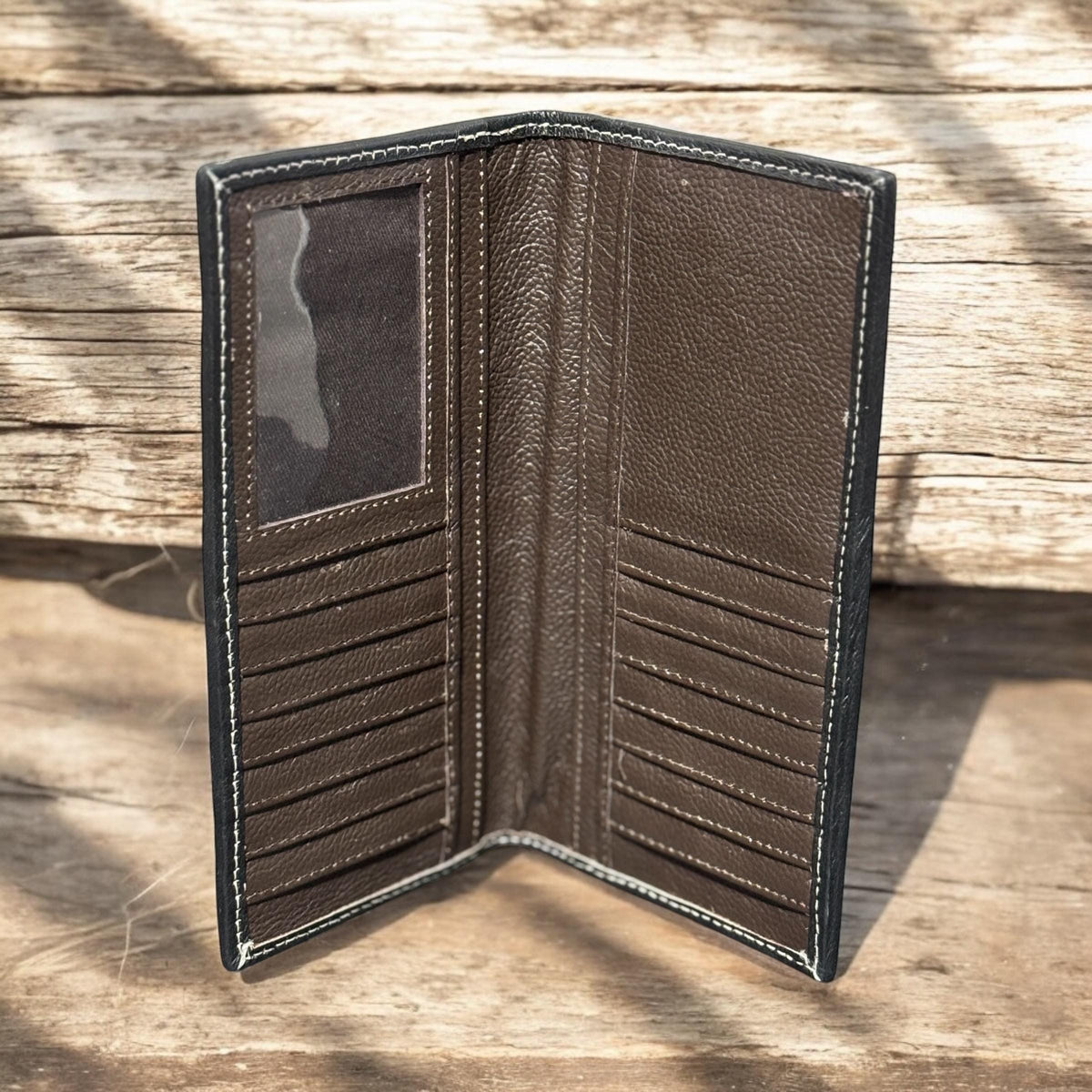 Western Cowboy Checkbook wallet tooled leather with rivet details by Double B Wild Rags