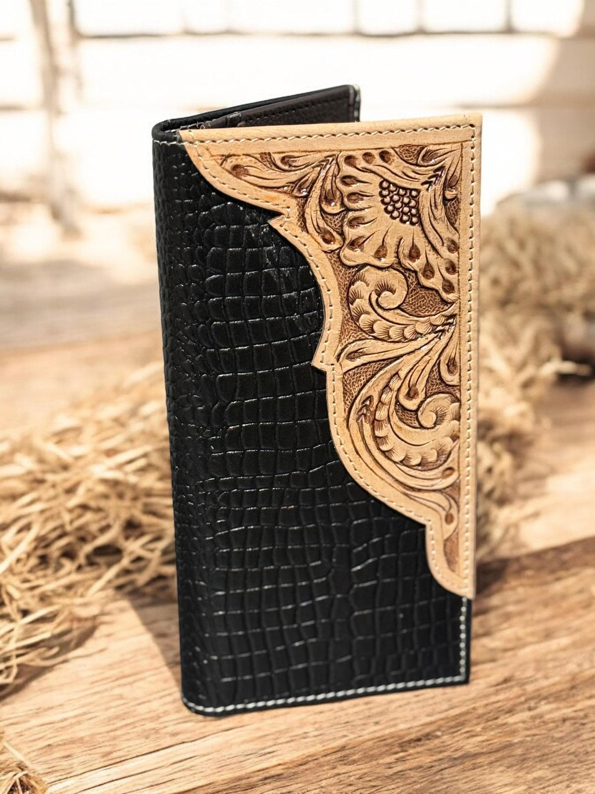 Black and Tan Western Cowboy Checkbook wallet tooled and embossed leather by Double B Wild Rags