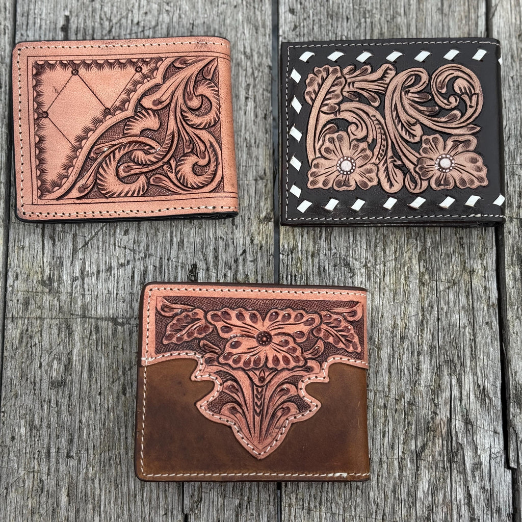 Men’s Western bi-fold wallet tooled floral Cow Skull Aces Cards details by Double B Wild Rags