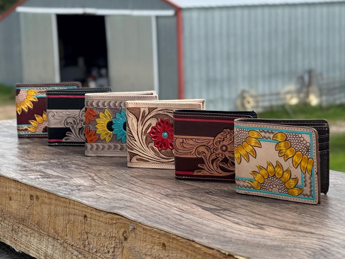 Men's Western bi-fold wallet tooled floral details by Double B Wild Rags
