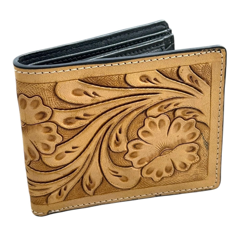Men’s Western bi-fold wallet tooled floral Cow Skull Aces Cards details by Double B Wild Rags