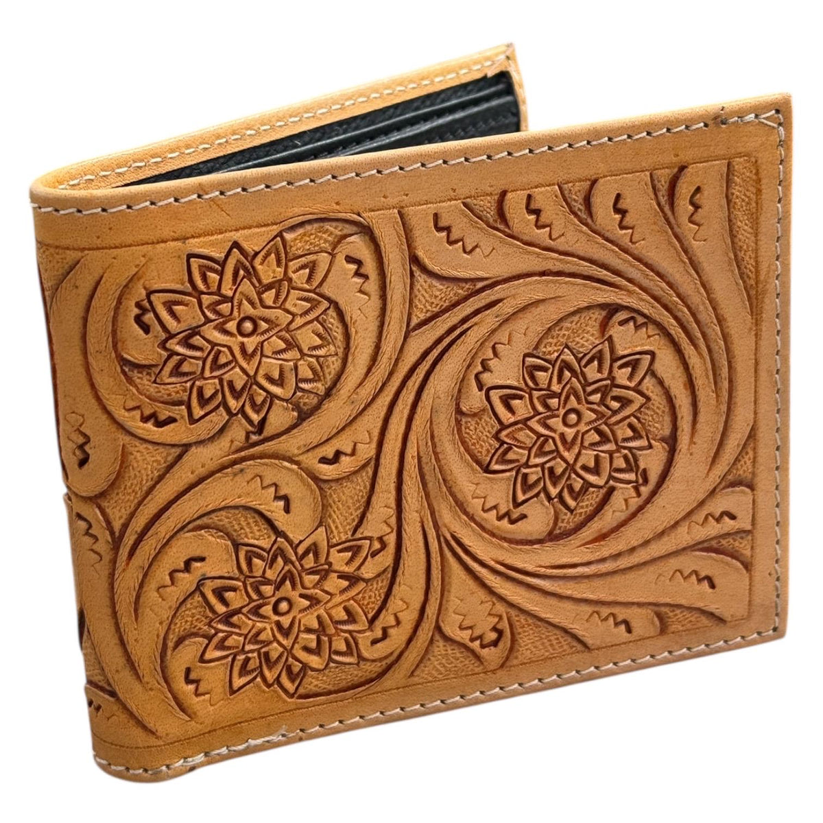 Men’s Western bi-fold wallet tooled floral Cow Skull Aces Cards details by Double B Wild Rags