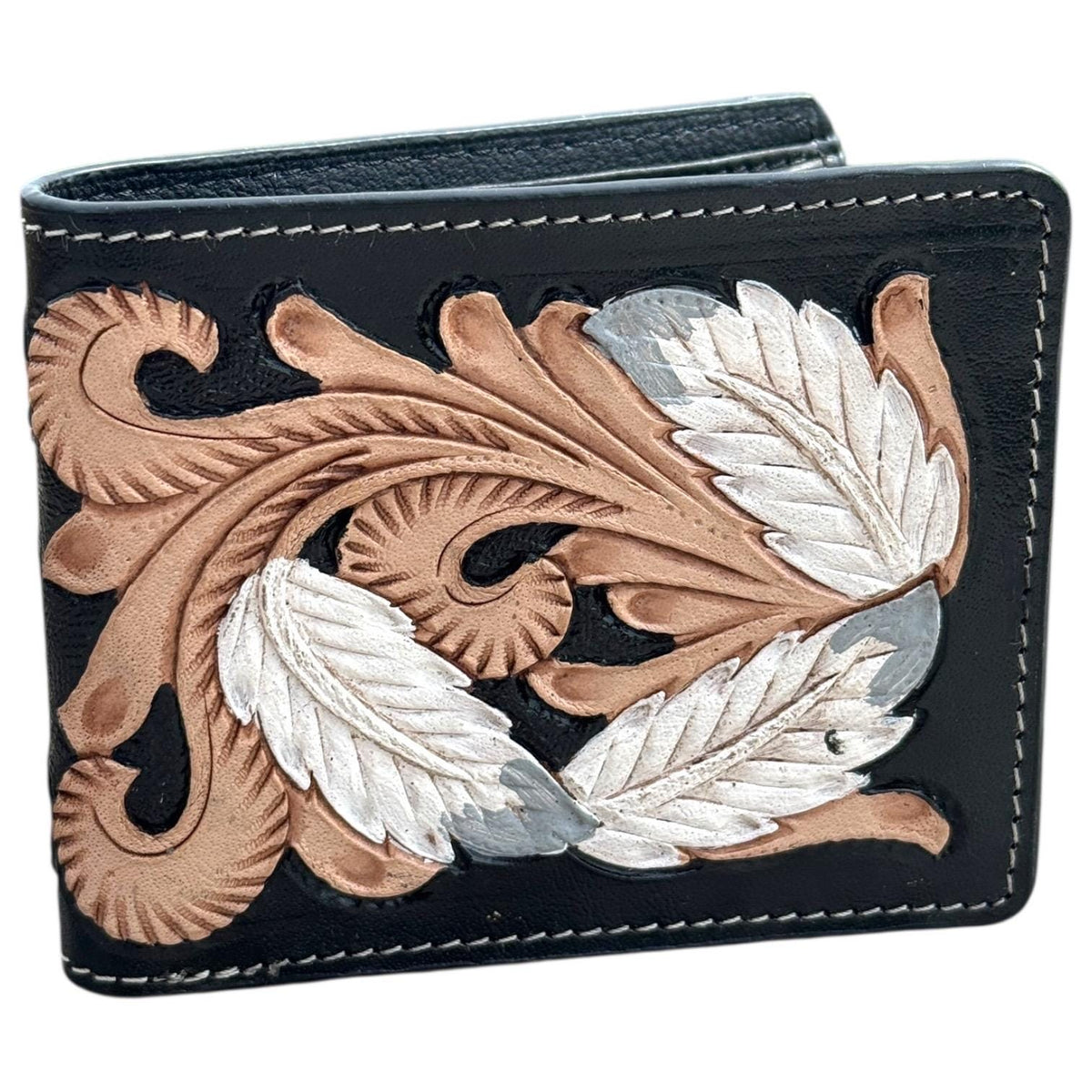 Men’s Western bi-fold wallet tooled floral Cow Skull Aces Cards details by Double B Wild Rags