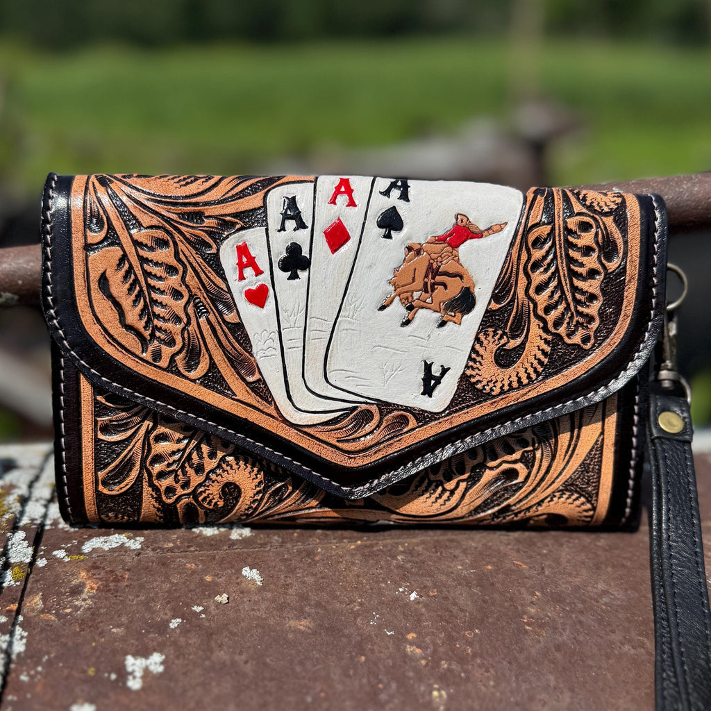 Genuine Western Cowhide Leather Purse or Clutch with Ace Cards and Dice painted details a Double B Wild Rags Exclusive
