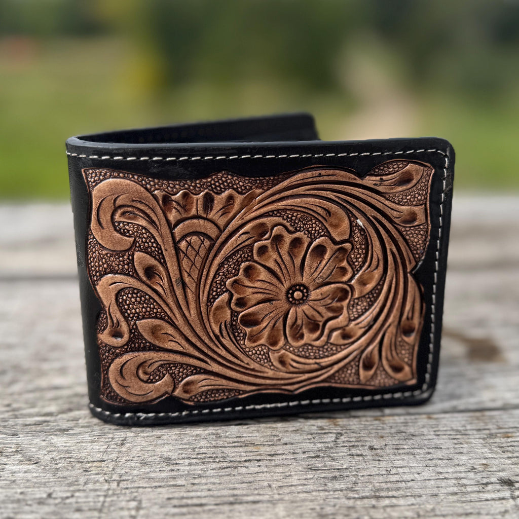 Men’s Western bi-fold wallet tooled floral and basketweave details by Double B Wild Rags