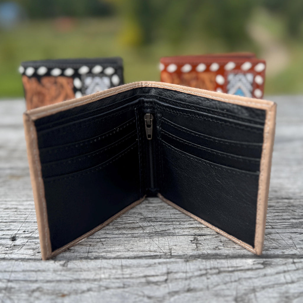 Handmade Tooled Leather Western Wallet, Seed Bead Buckstitch Bi-Fold